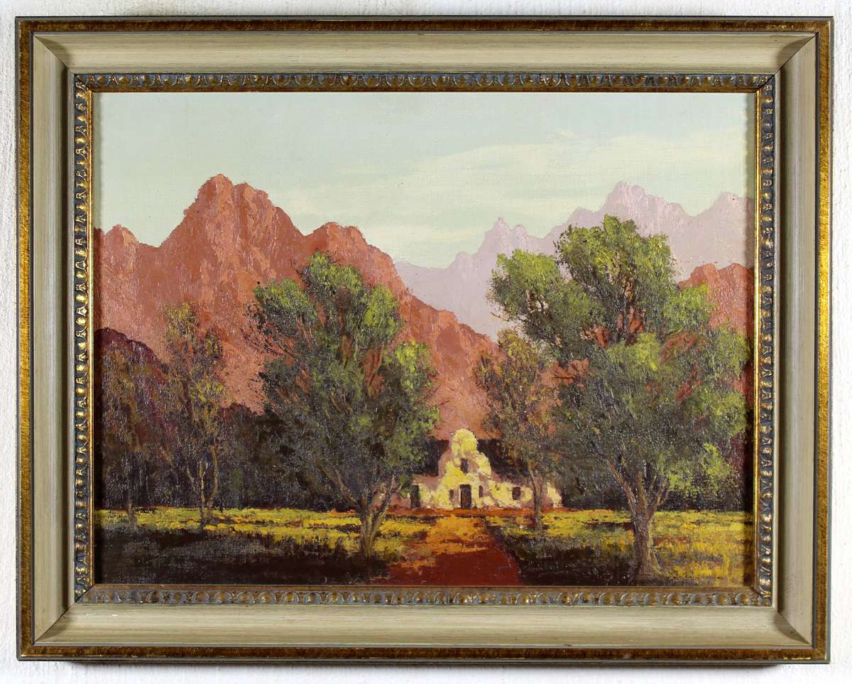 Cape Dutch homestead with mountains