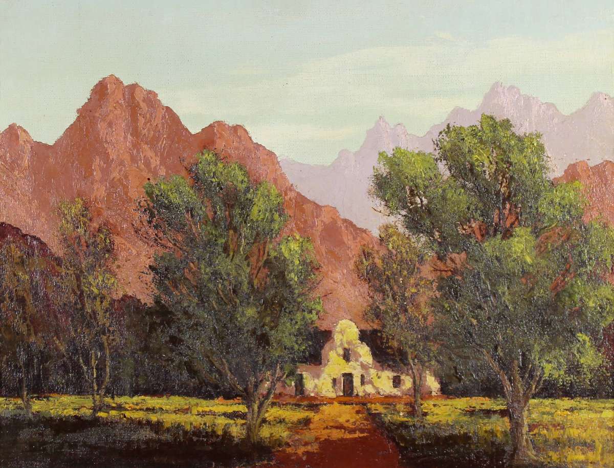 Cape Dutch homestead with mountains