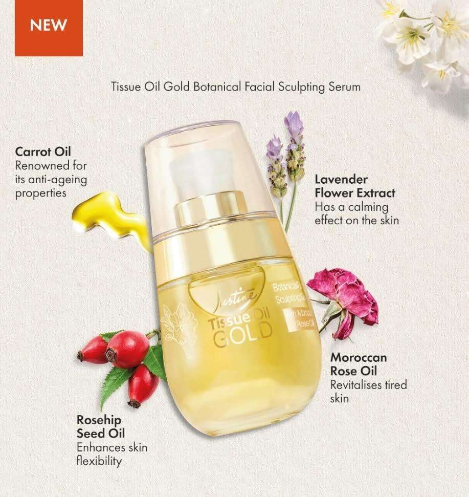 Justine Tissue Oil Gold Botanical Facial Sculpting Serum - 30ml