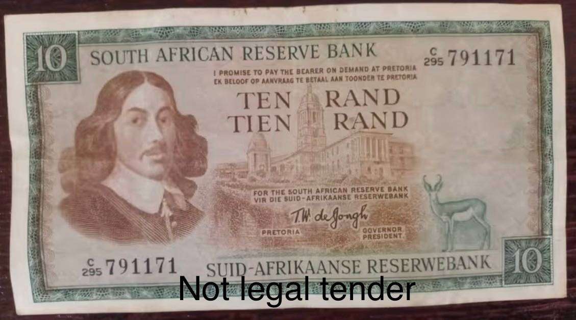 Old South African R10 Banknote TW de Jongh