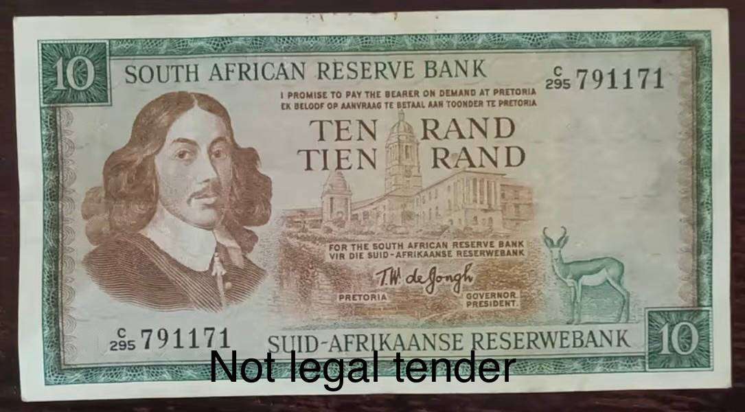 Old South African R10 Banknote TW de Jongh