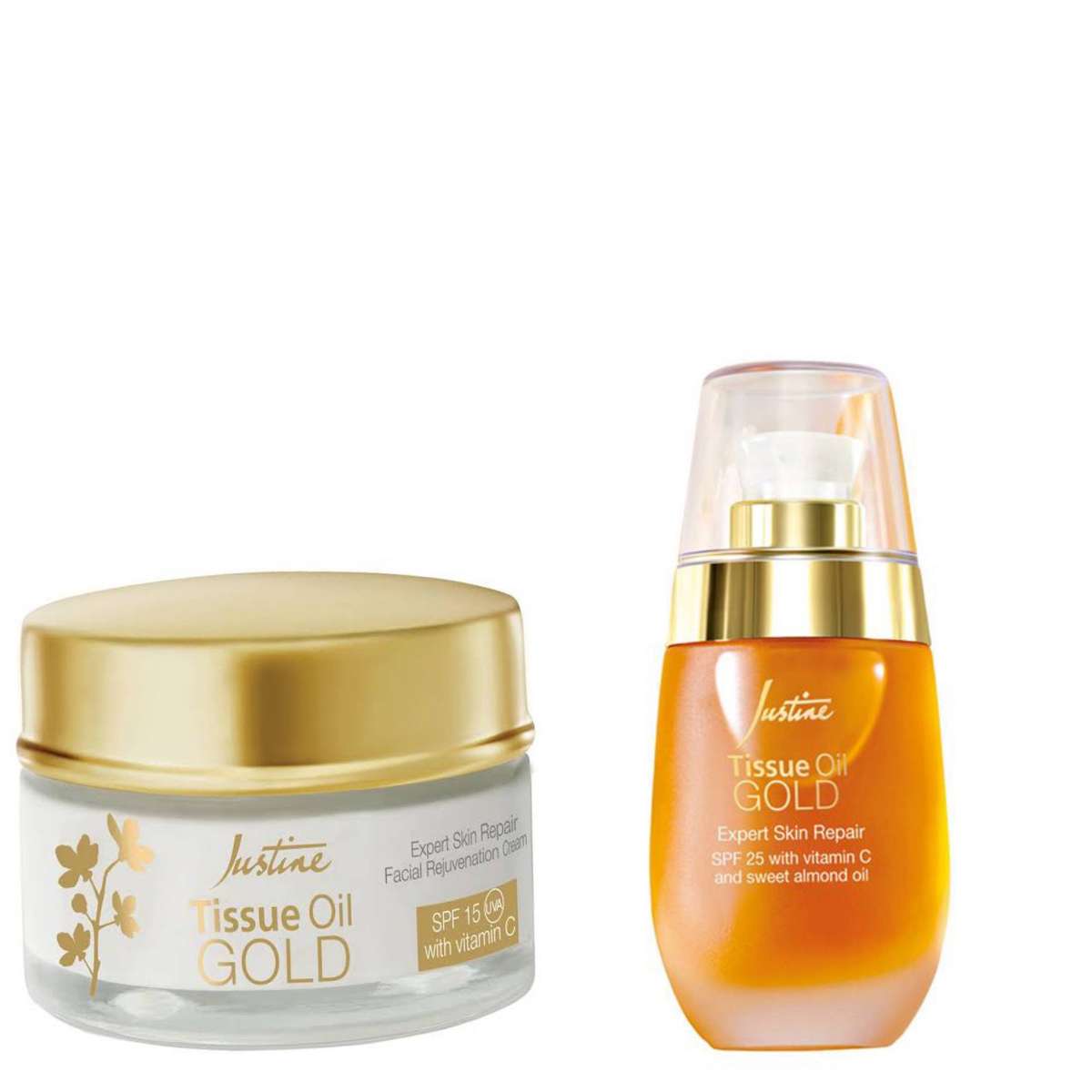 Justine Gold Facial Rejuvenation Cream SPF 15 - 50ml & Tissue Oil Gold Facial Rejuvenation Oil SPF25