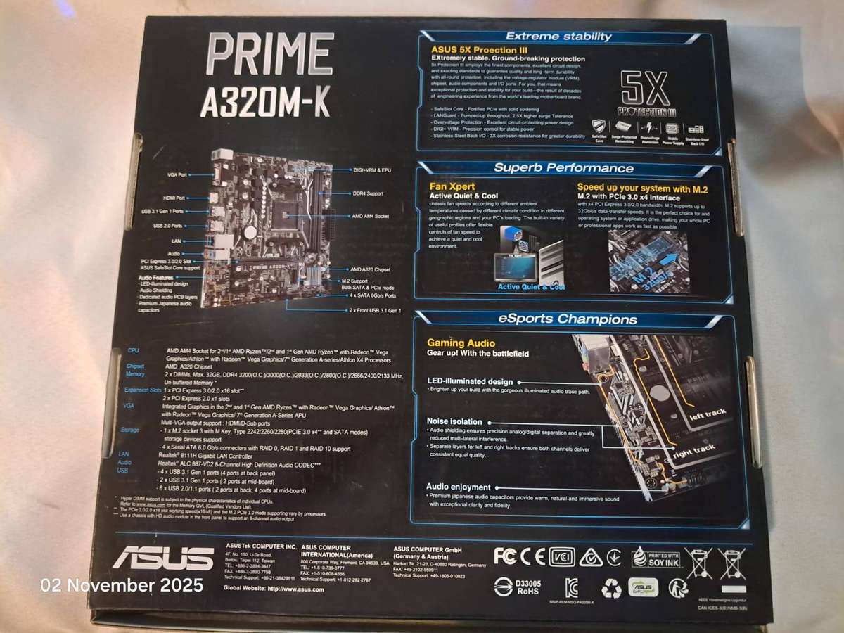 ASUS PRIME A320M-K, AMD Athlon 3000G CPU, CRUCIAL 4GB DDR4-2133