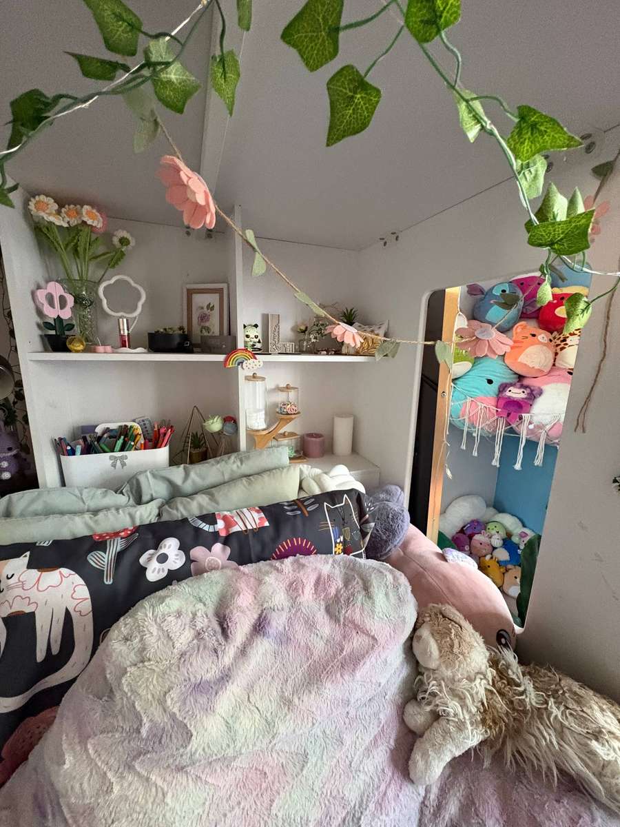 Kids bunk bed with built-in cupboard, drawers and table