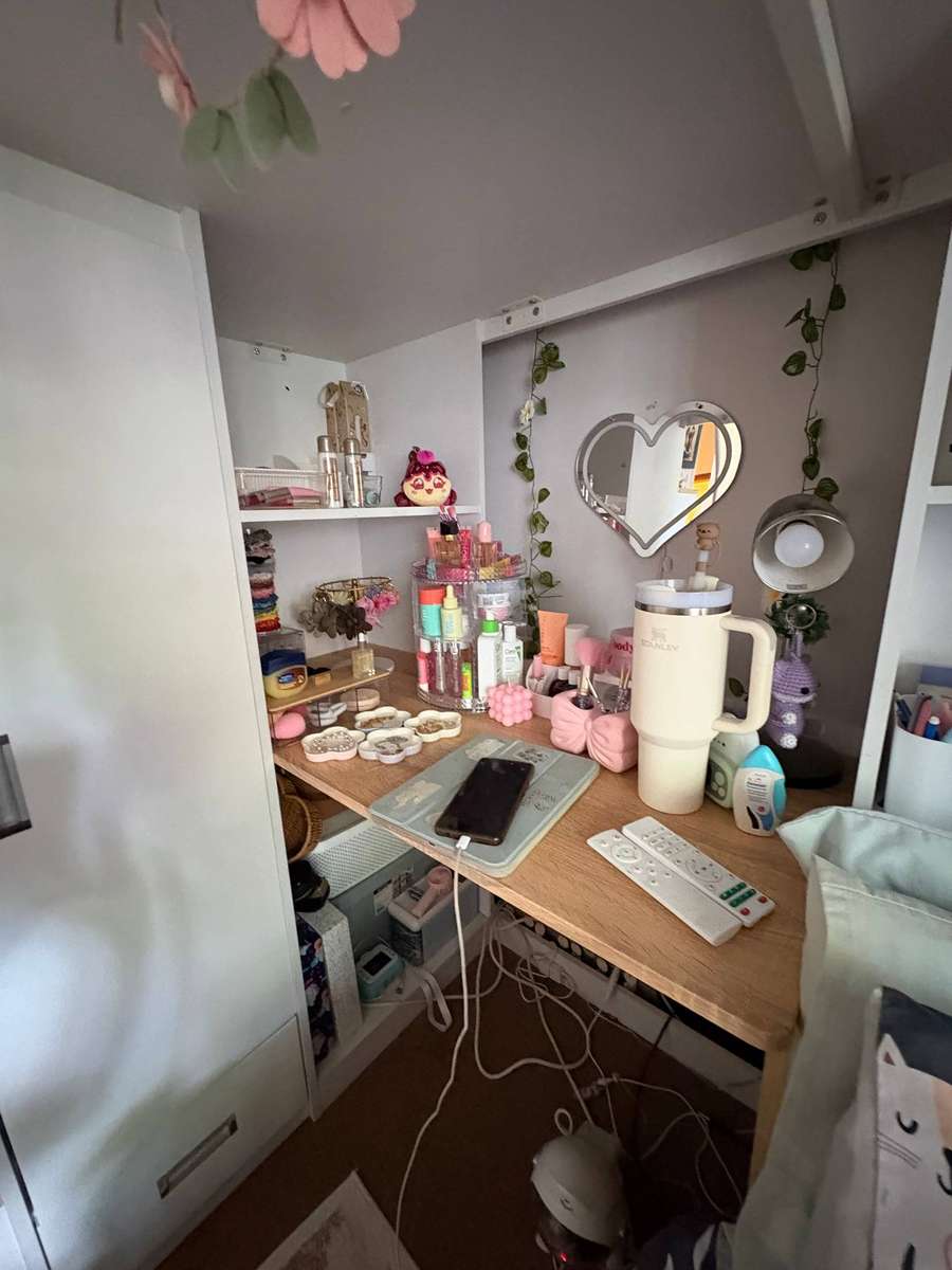 Kids bunk bed with built-in cupboard, drawers and table