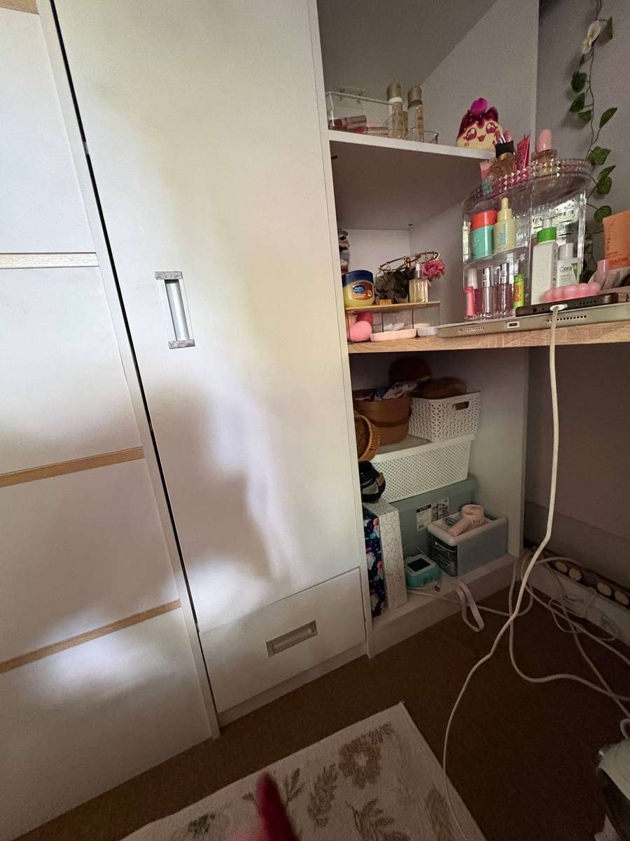 Kids bunk bed with built-in cupboard, drawers and table