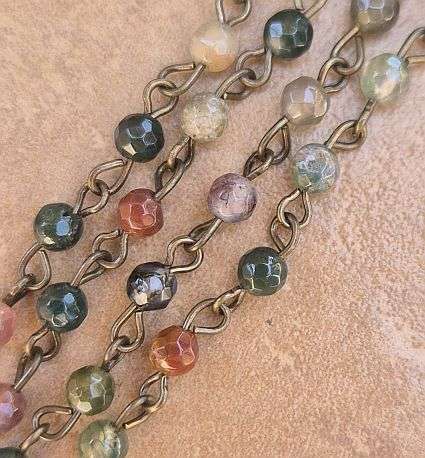 1m Natural / Indian Agate/ Beaded / Bronze  Tone / Brass Pin Chain . (Bead Size 4mm)