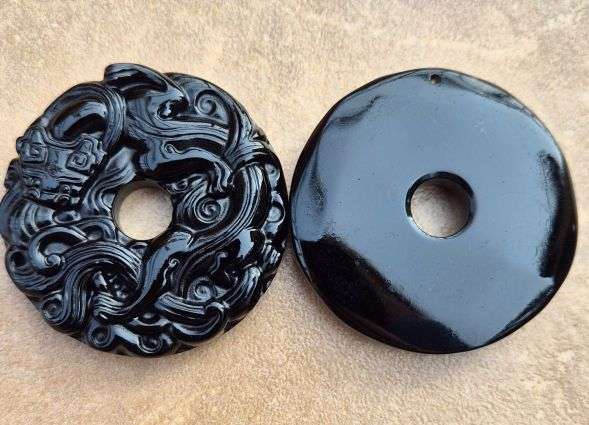 *Clearance Sale*1pc Natural / Obsidian / Carved / Disc Pendant