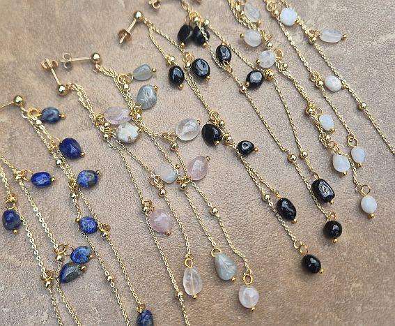 4 Pairs Natural Gemstone / Dangle Stud Earring   Stainless Steel  / Gold Tone