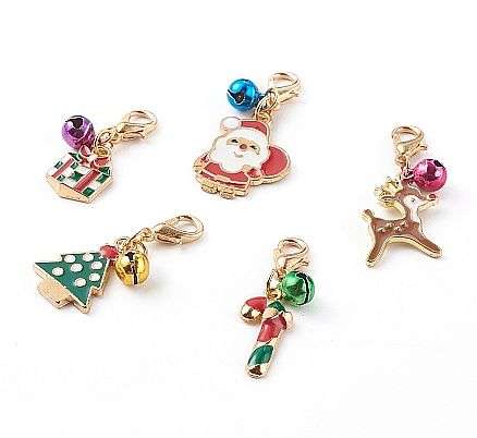 50pc Assorted / Christmas Theme /  Enamel Charms / Bells / Lobster Clasp /Gold Tone / 10 Of Each