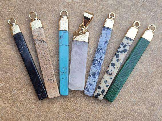 7pcs Assorted   / Natural / Synthetic  / Gemstone Pendants / Rectangle / Gold Tone