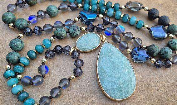 1 Pc Natural Amazonite Pendant / Gemstone & Glass Bead Necklace /  +/-84 cm