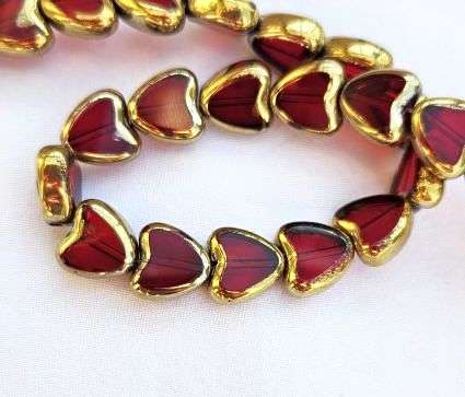 Clearance Sale** 1 Strand  (10mm) Red / Gold Edge  /  Heart Glass Beads +/- 30pcs