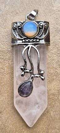 *Clearance Sale*1pc Natural / Rose Quartz / Gemstone Pointed  Pendant / Brass  Antique Silv