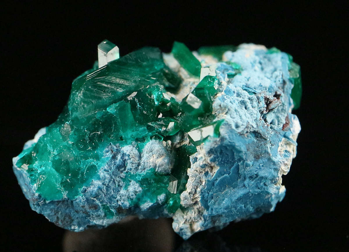 Dioptase on Shattuckite, Kaokoveld Region, Namibia