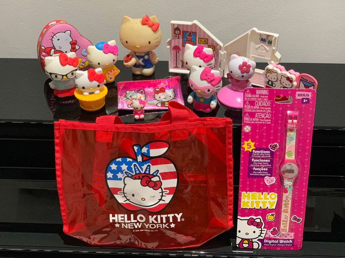 Collection Of Sanrio Hello Kitty Paraphernalia - Fast Food Toys, Carry Bag & Sealed Digital Watch