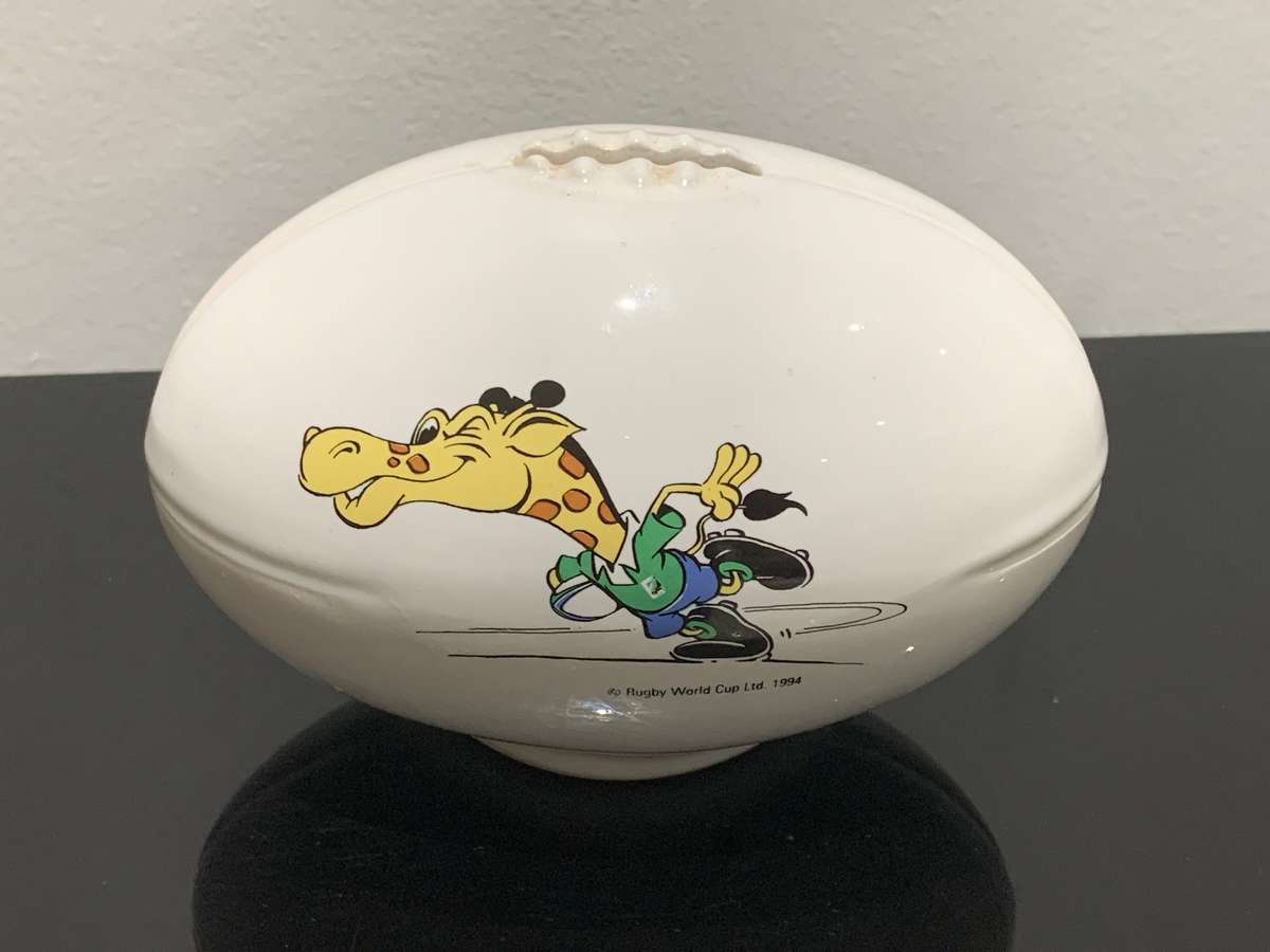 Ceramic Rugby Ball Shaped Coin Bank  1995 World Cup Licensed Product  Ruggles The Mascot