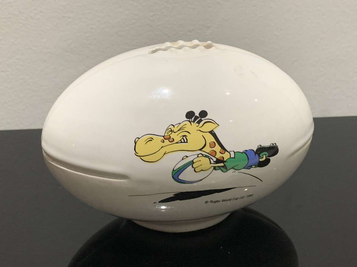 Ceramic Rugby Ball Shaped Coin Bank  1995 World Cup Licensed Product  Ruggles The Mascot