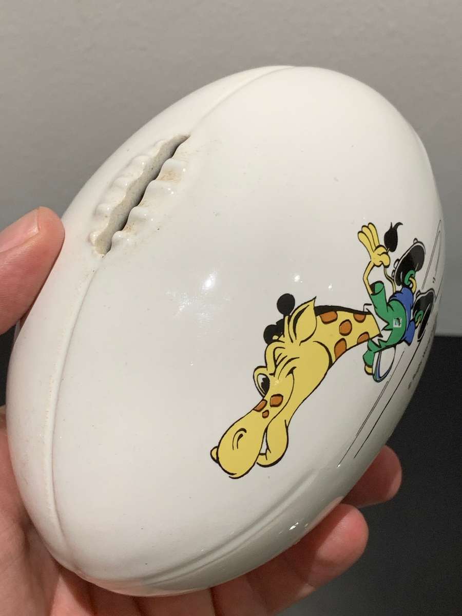 Ceramic Rugby Ball Shaped Coin Bank  1995 World Cup Licensed Product  Ruggles The Mascot