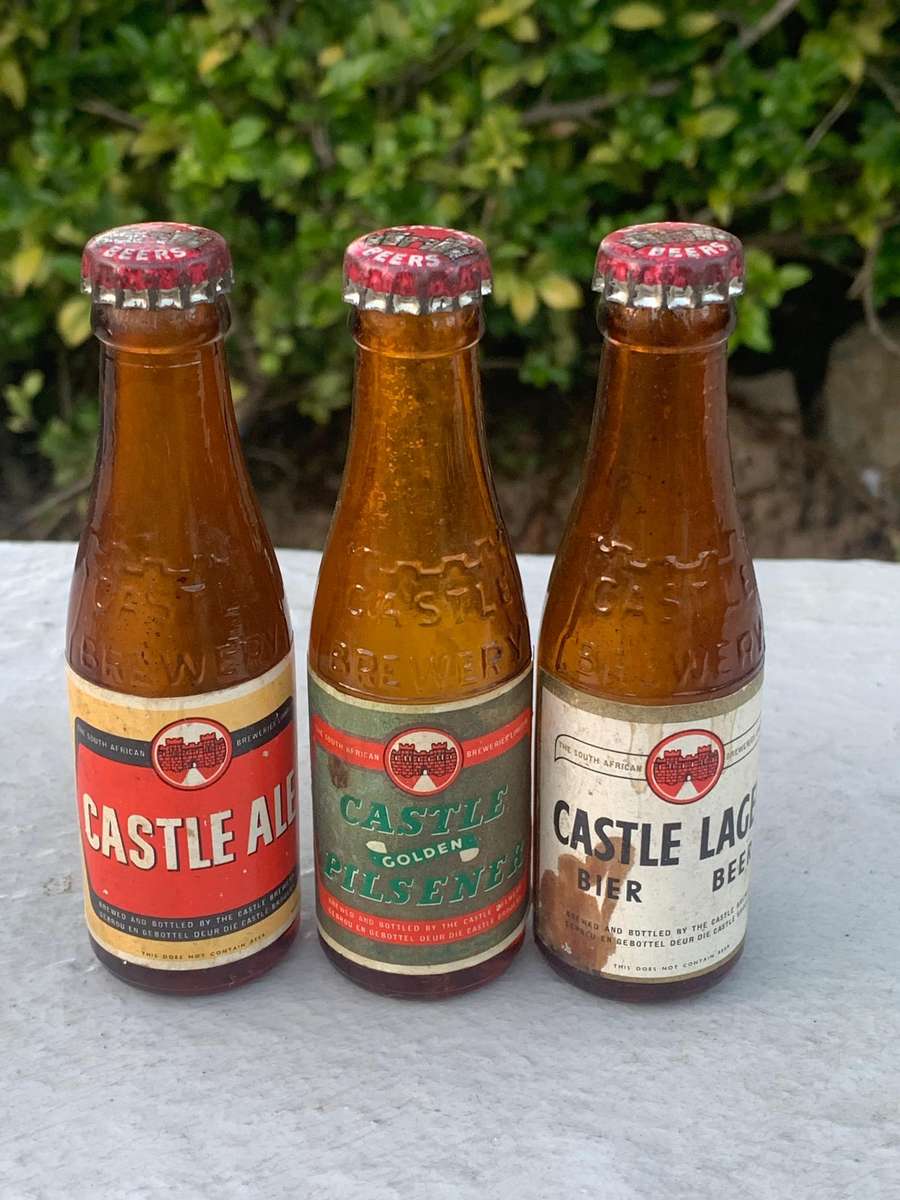 Trio Of Miniature Castle Beer Bottles - Evaporated But Lids Intact - Lager Ale Pilsner