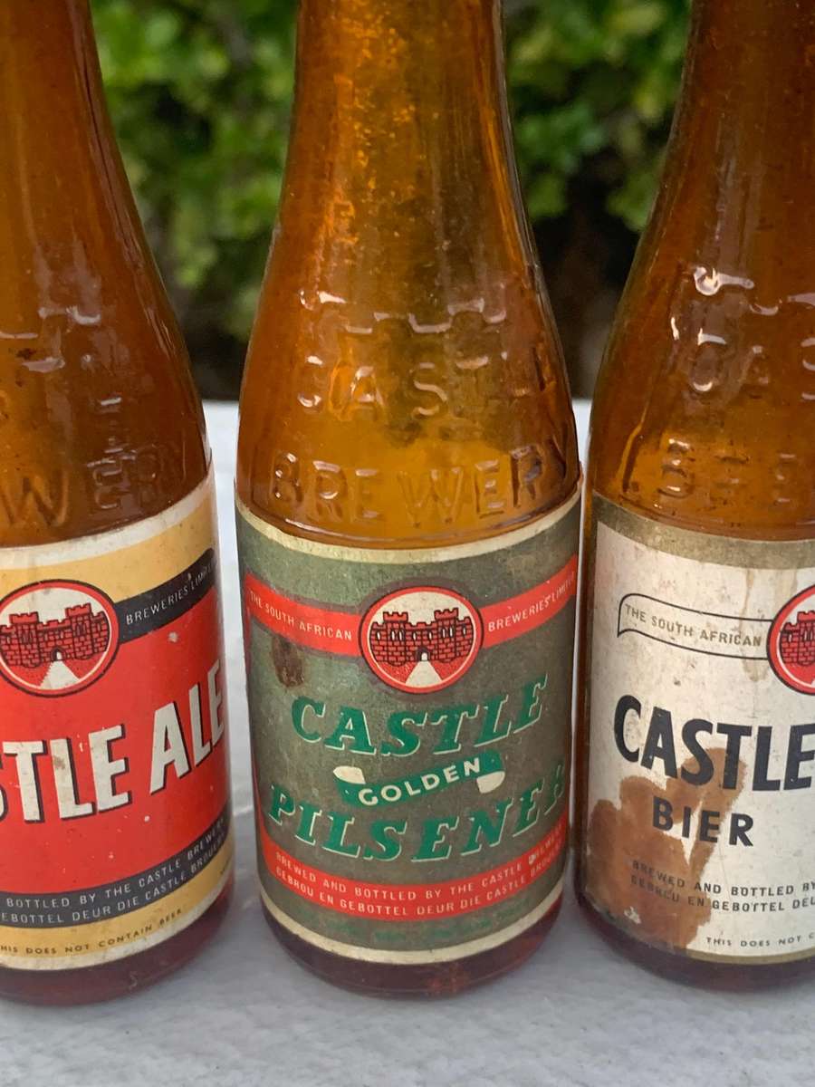 Trio Of Miniature Castle Beer Bottles - Evaporated But Lids Intact - Lager Ale Pilsner