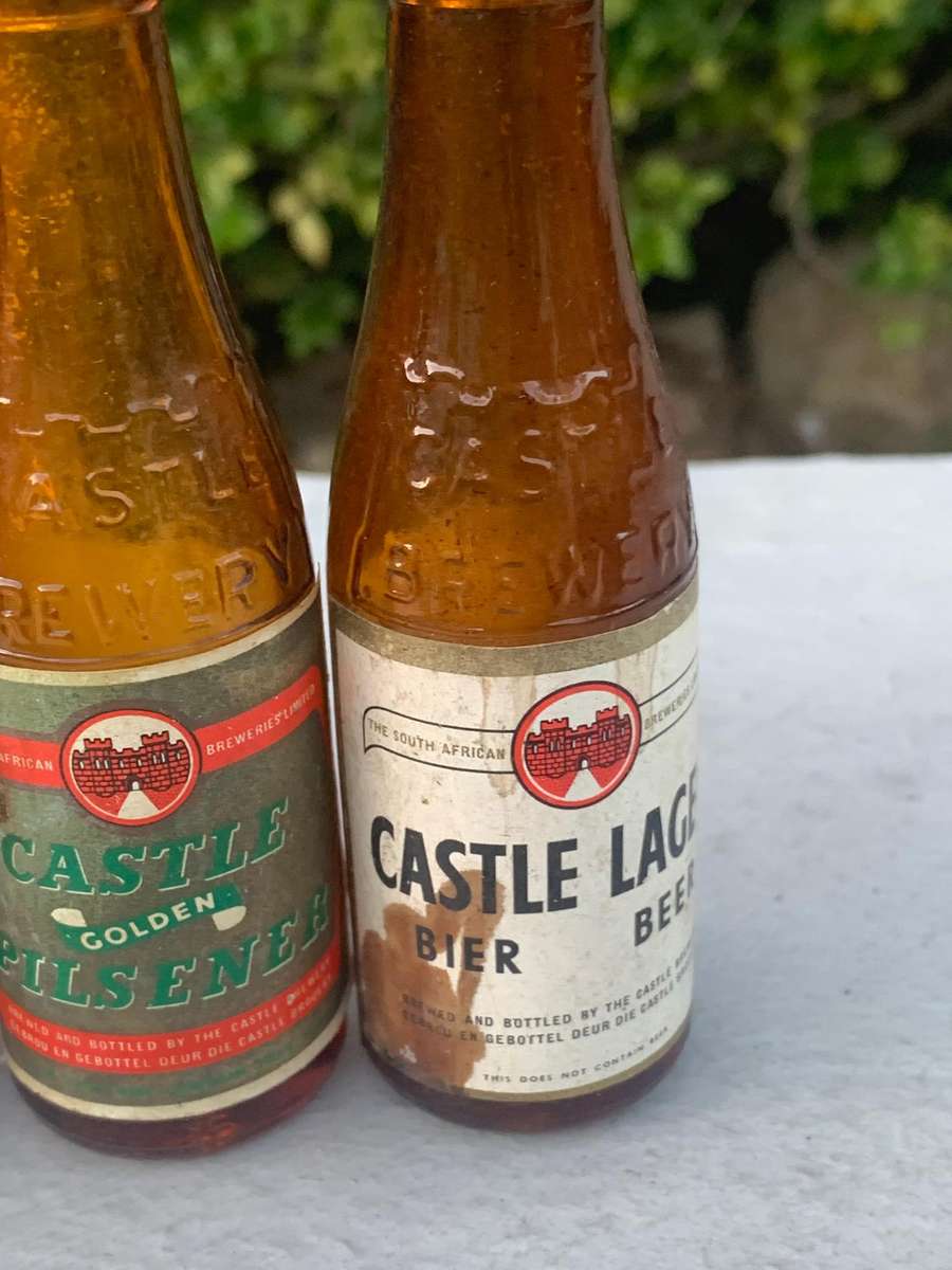 Trio Of Miniature Castle Beer Bottles - Evaporated But Lids Intact - Lager Ale Pilsner