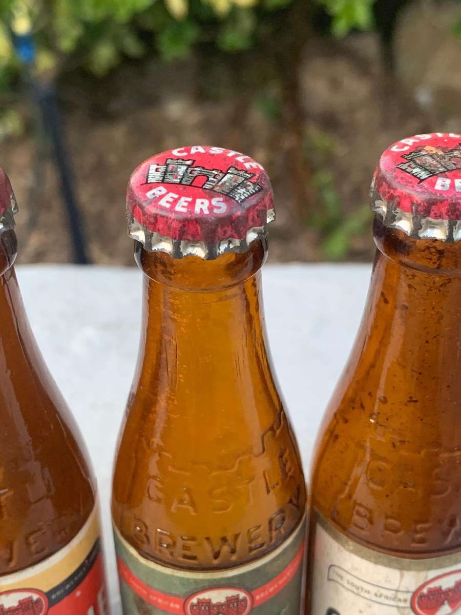 Trio Of Miniature Castle Beer Bottles - Evaporated But Lids Intact - Lager Ale Pilsner