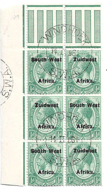 1924 S W A 1/2d TypeVl marginal block with gutterstrip used block of 6 loose perfs CC40 CV R460