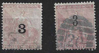 1880 COGH  3 overprint on 3d  in used single in both "3" variety CC32,33 CV R350