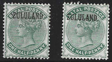 1888 ZULULAND 1/2d MNH singles x 2 CC12 CV R2000
