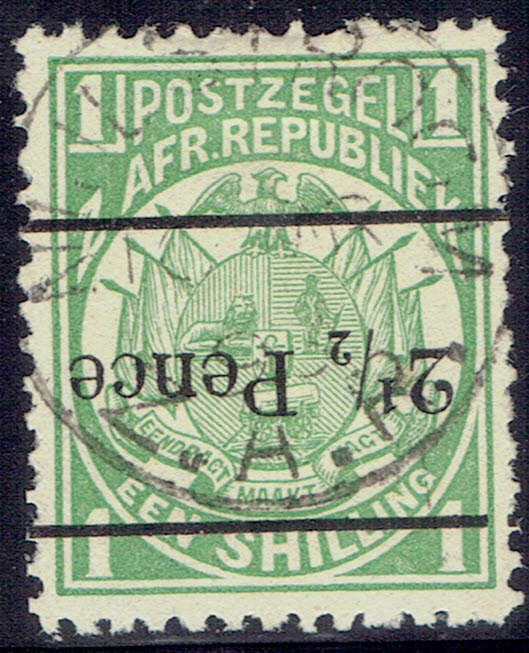 1893 TRANSVAAL 2 1/2d  on 1s green O/P in black used single with O/ inverted surcharge CC 203b