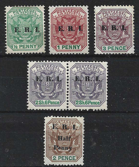 1901 TRANSVAAL 1896 set over ptd E.R.I. 2x 2s 6d (No 4d) and HALF PENNY on 2d  MLHCC244-9 CV R880