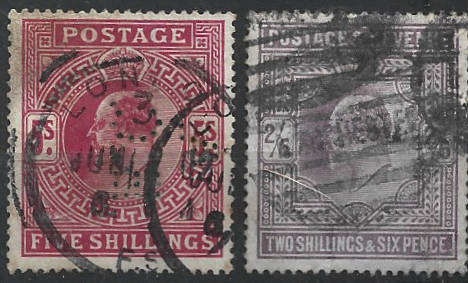 1902 GREAT BRITON K E Vll 2/6 and 5/- used singles SG 94,95 CV GBP 210