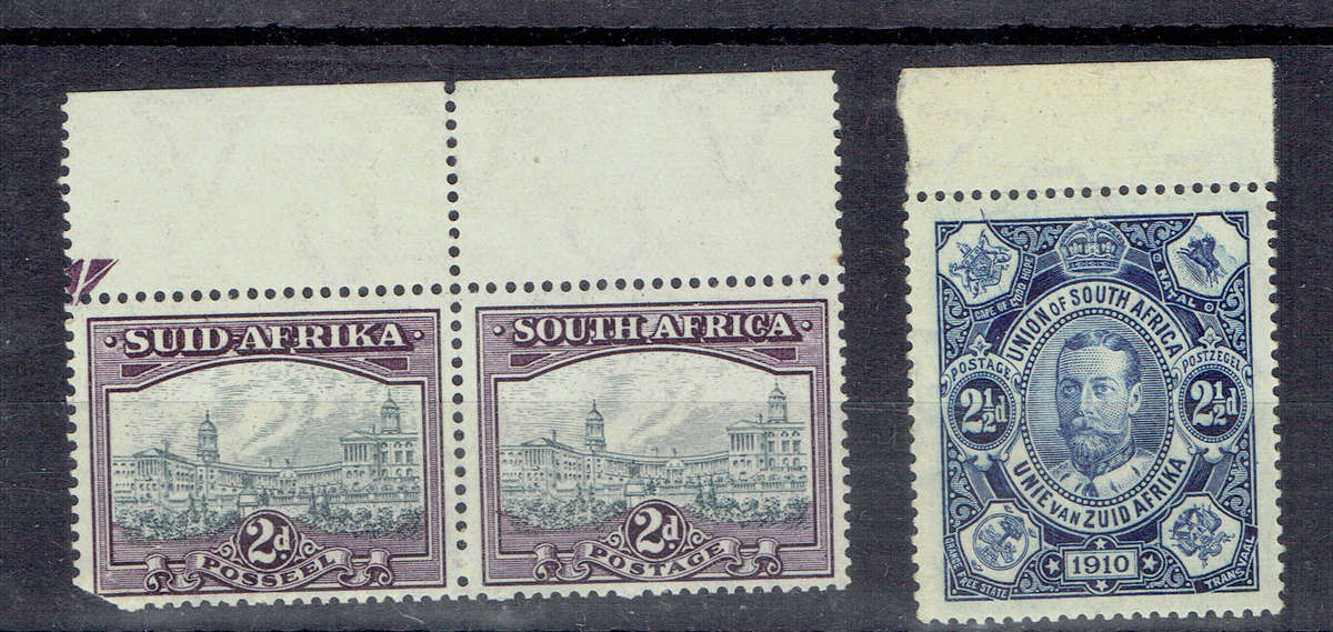 1910 1941  UNION of S A 2 1/2d marg single white p, top marg  pr Grey purple MNH CC58a,1a CV 1700