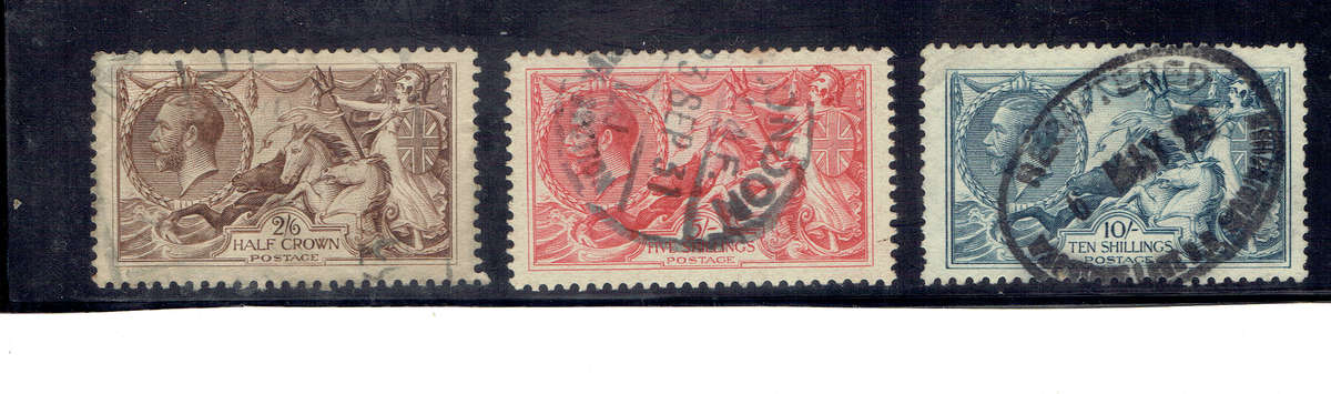 1913-18 England K GV Seahorses 2s 6d,5s,10s used singles see scan  SG407,410,413 CV GBP1350 (R33750)