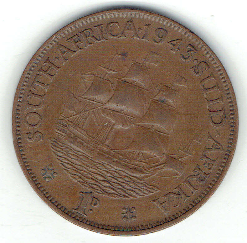 1943 UNION of S A 1 penny in EF grade