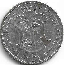 1953 UNION of S A 2 shillings 50% silver in VF grade