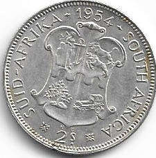 1954 UNION of S A 2 shillings in EF+ grade