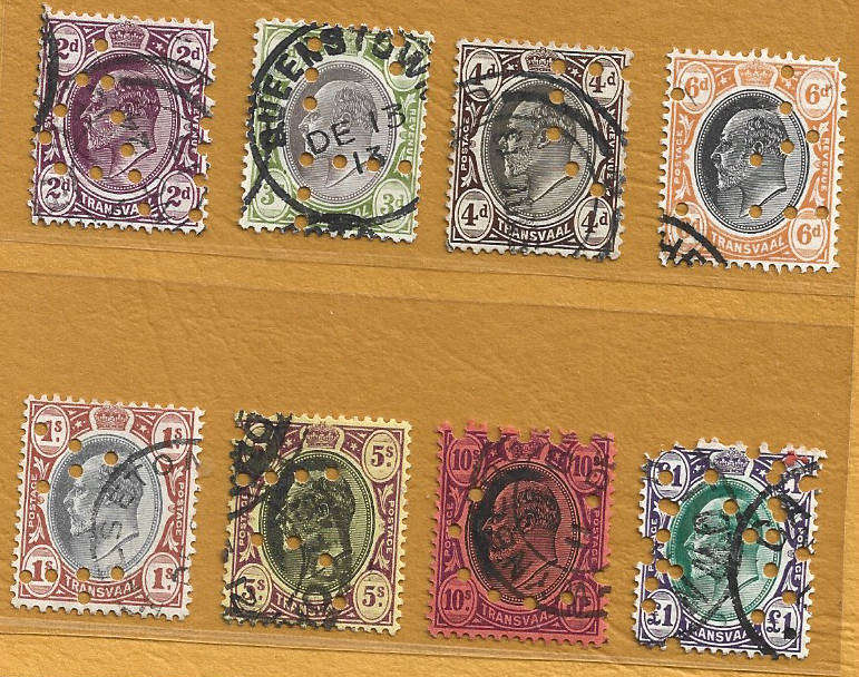1904 TRANSVAAL 1d,2d,3d,6d,1s,5s,10s,1Pound used singles  w punch holes CC286-278 CV  R550