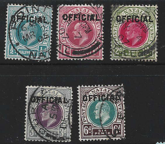 1904 NATAL set of used OFFICIALS 1/2d,1d,2d,3d,6d singles CC O1-5  cv R1780