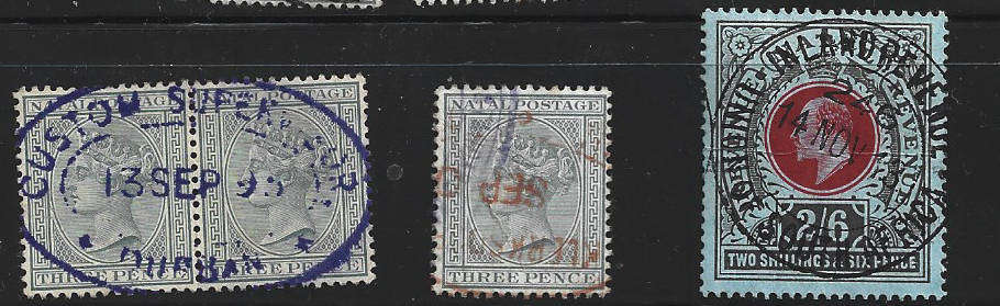 1880 NATAL 3d pair used as revenue, 3d used single and 2s 6d Revenue used single