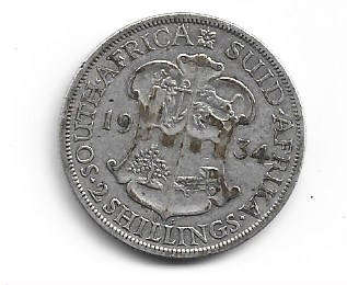 1934 UNION of S A 80% silver 2 shillings in VF+ grade