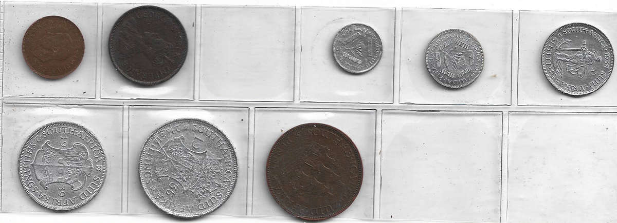 Full set of S A FIBRE COINS Farthing,Half Penny,1 Penny,3d,6d,1s,2s,Halfcrown diff dates good condit