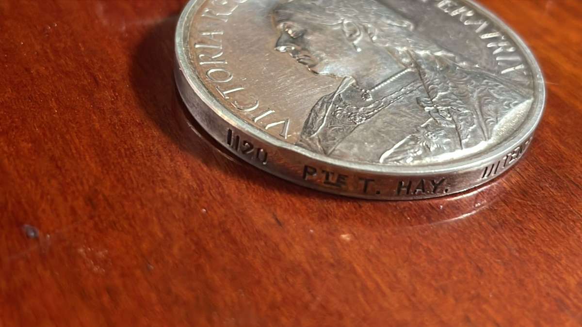 R1 Starting Price - QSA Queen SA Medal - PVT T Hay - Uitenhage Town Guard (with silver medal brooch)