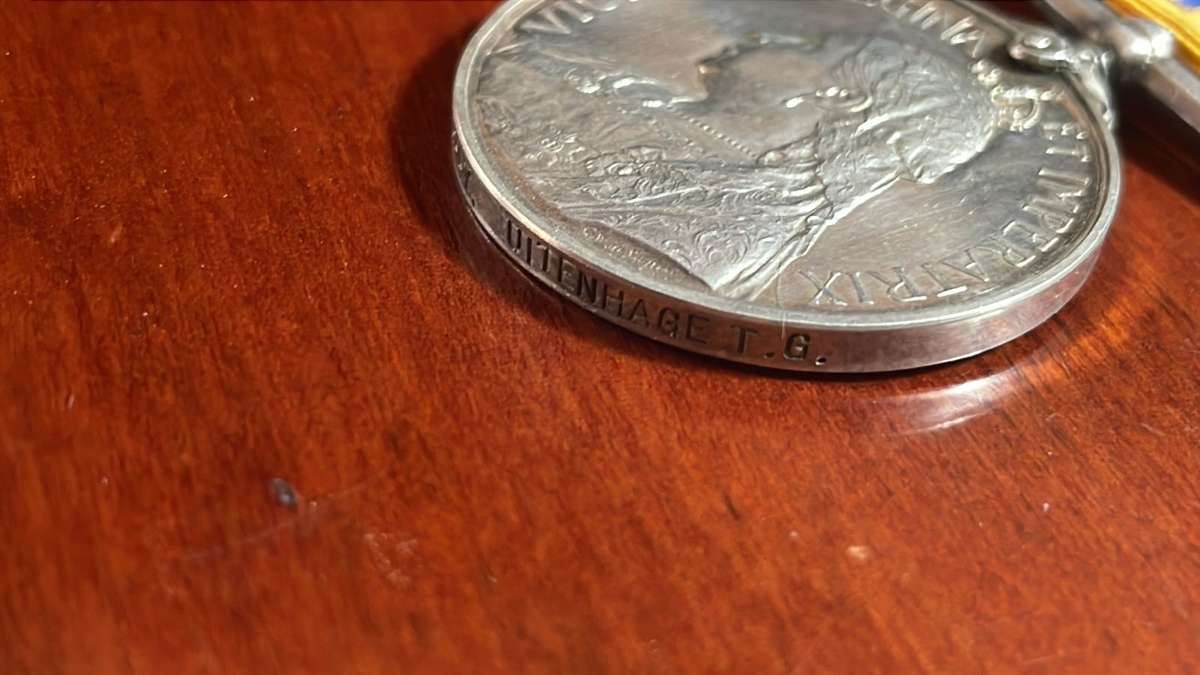 R1 Starting Price - QSA Queen SA Medal - PVT T Hay - Uitenhage Town Guard (with silver medal brooch)