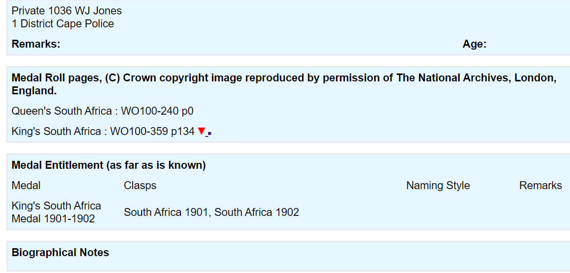 a Queen South Africa Medal QSA - 1036 Private W.J. Jones Cape Police Distr. 1