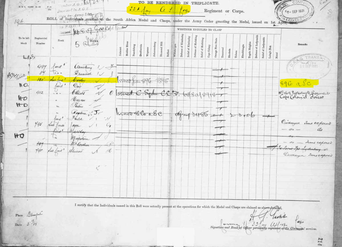 QSA - Queen South African Medal - Conductor A Cowley - 33A Company Army Service Corps