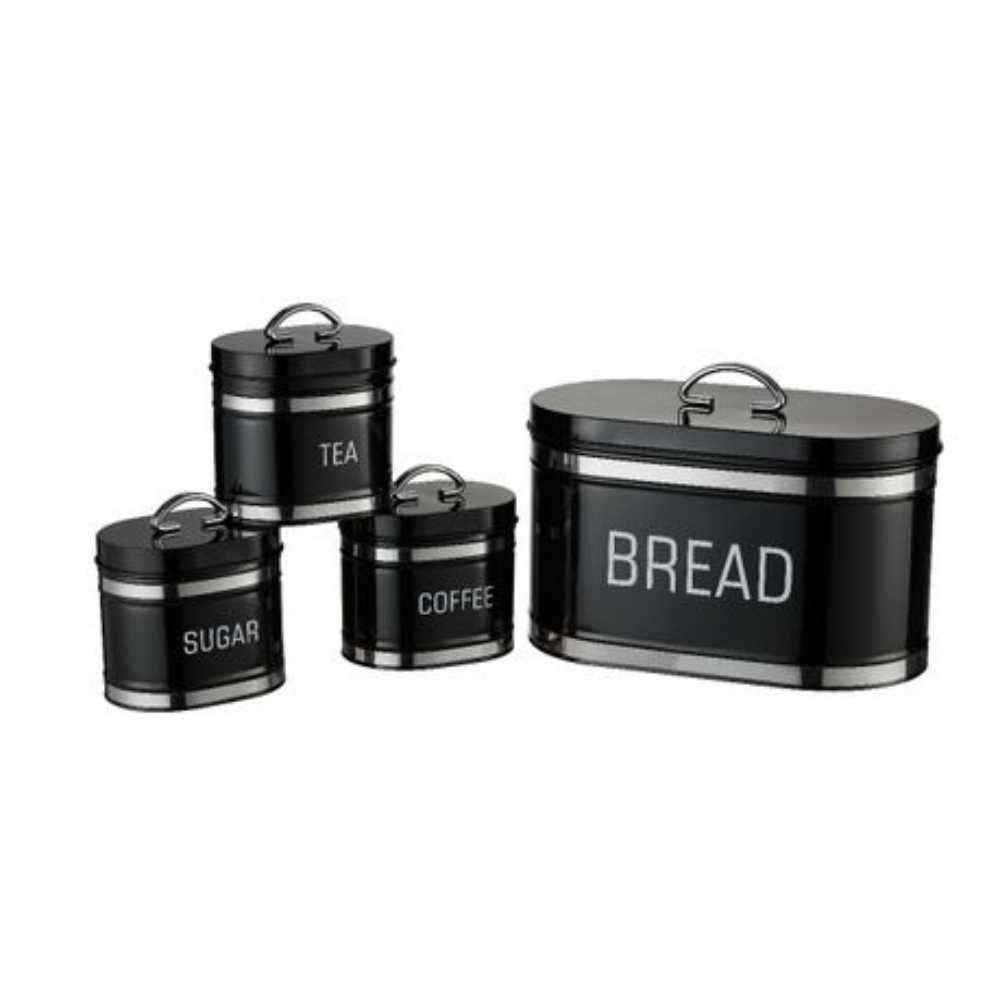 Retro 4pc bread bin & canister set with chrome stripes - GREY