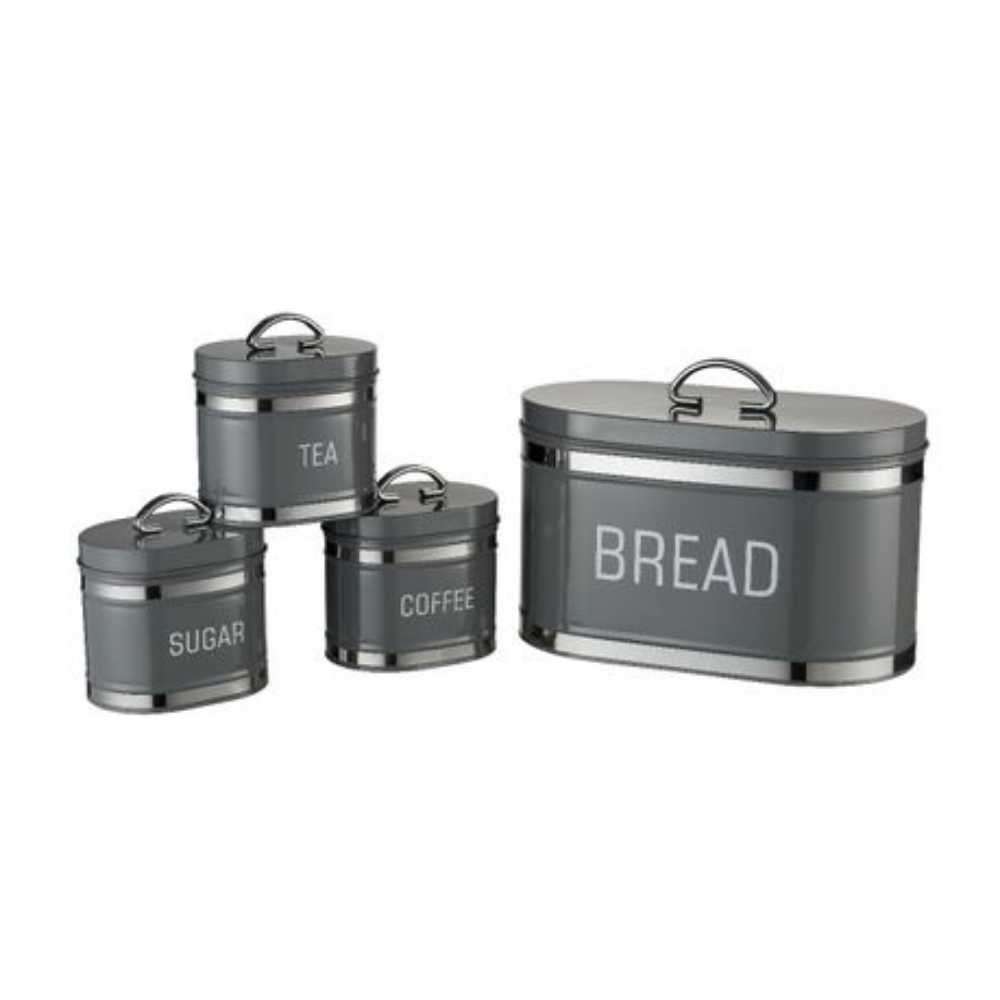 Retro 4pc bread bin & canister set with chrome stripes - GREY
