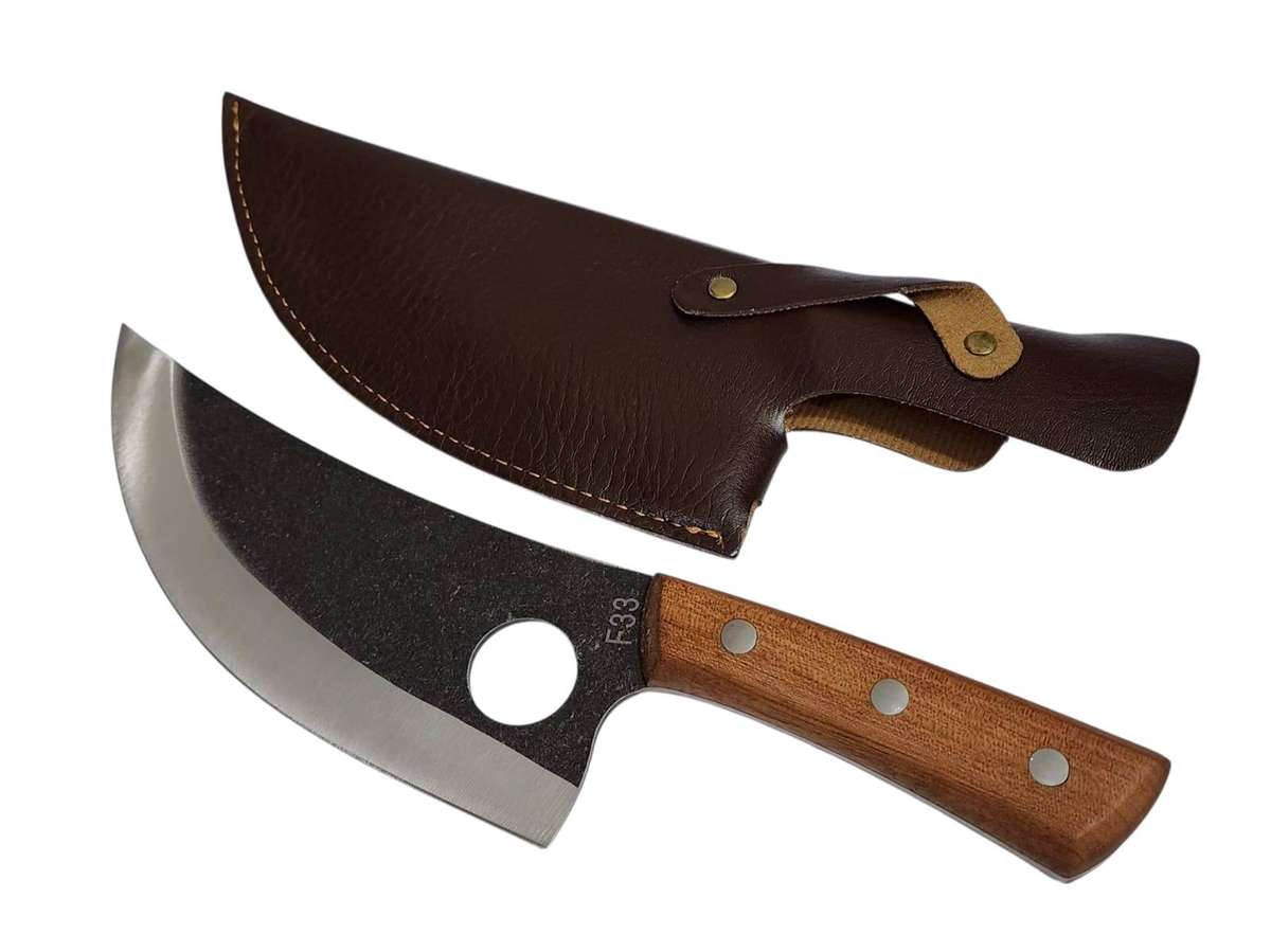 Prucheff Curved Blade Utility Knife with Wooden Handle & Faux Leather Sheath
